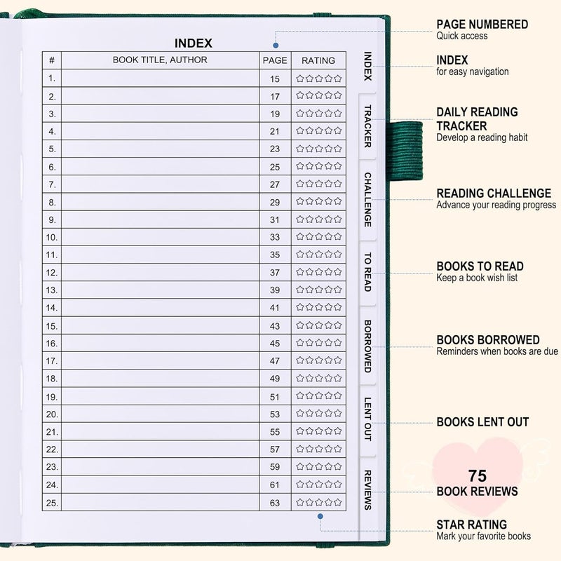 COMKISO Store Reading Journal for Book Lovers - 75 Book Journal Reading Log for Book Tracking, A5 Linen Book Review Journal with TBR Tracker List, Ratings, Challenges, Prompts, and Index - Green - Image 3